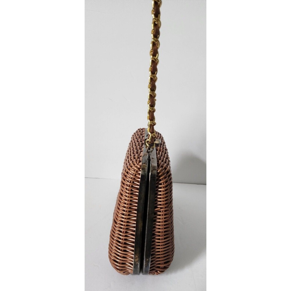 Vintage Tandem Faux Straw Bag Crossbody Purse Chain Strap Brown Gold Retro - Picture 13 of 16